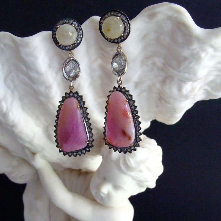 Pink & Ivory Sapphire Polki Diamond Post Earrings - Poppy Earrings In New Condition In Colleyville, TX