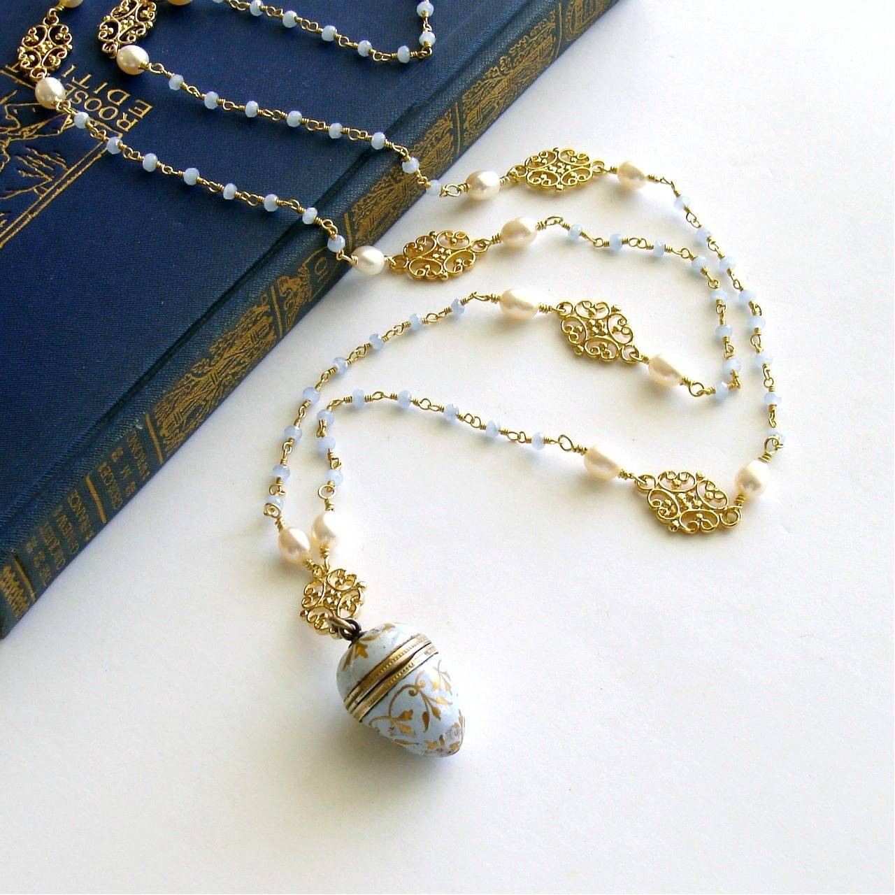 Austro-Hungarian Enamel Egg Vinaigrette Blue Chalcedony Pearl Filigree Necklace In New Condition In Colleyville, TX