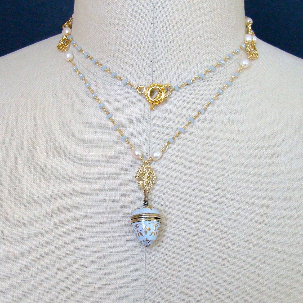 AustroHungarian Enamel Egg Vinaigrette Blue Chalcedony Pearl Filigree