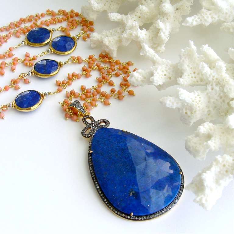 Pink Peach Coral Lapis Diamond Pendant Margaux Necklace In New Condition In Colleyville, TX