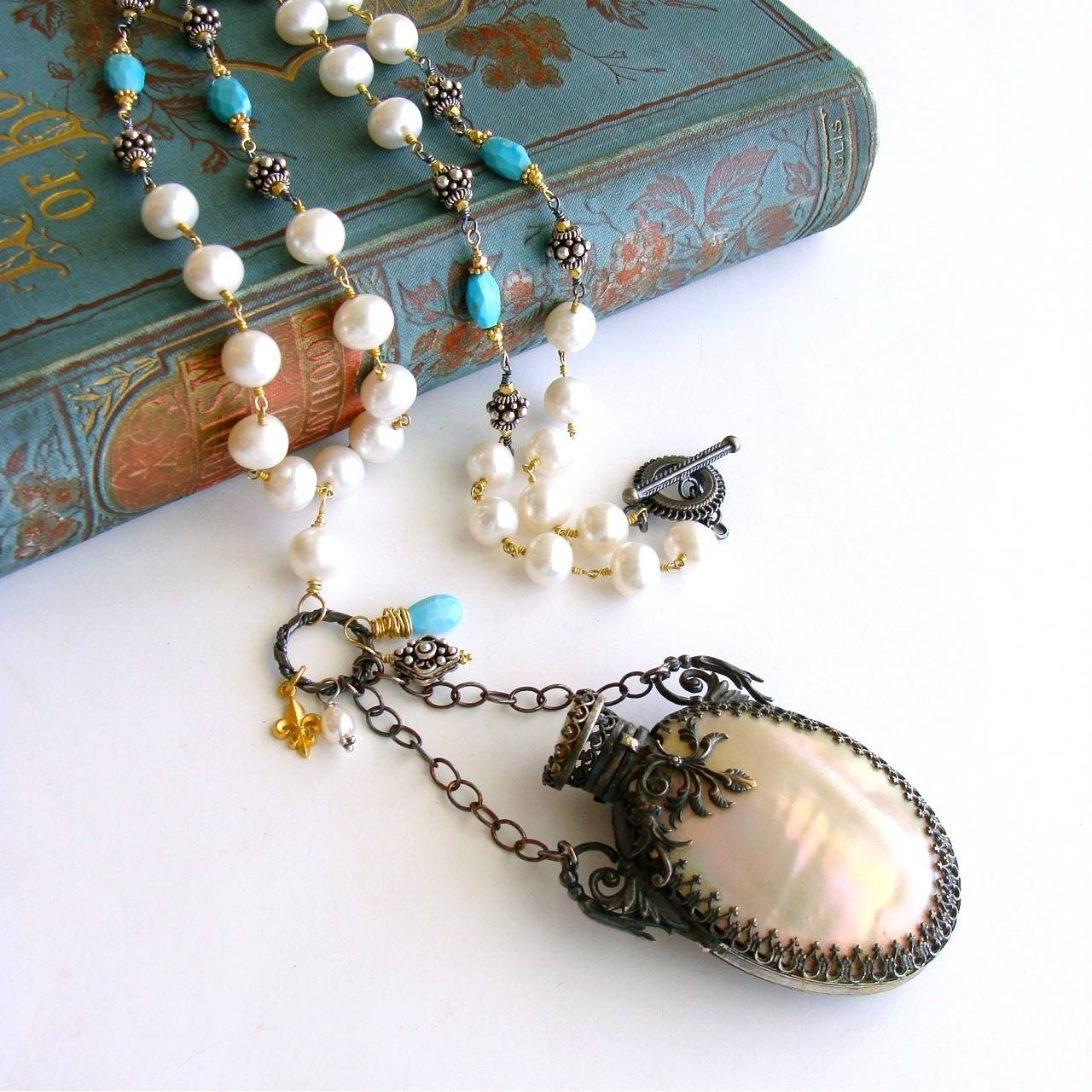 Victorian Mother of Pearl Chatelaine Scent Bottle Pearls Turquoise Necklace