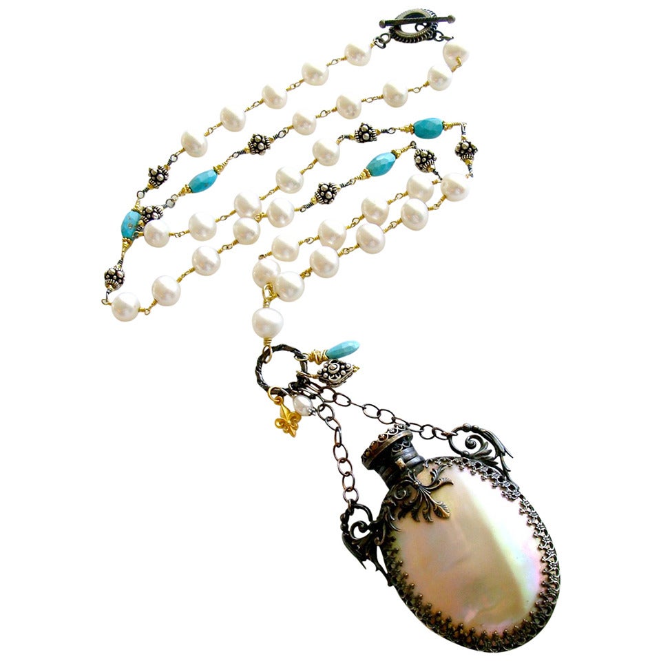 Mother of Pearl Chatelaine Scent Bottle Pearls Turquoise Necklace