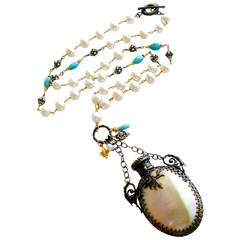 Mother of Pearl Chatelaine Scent Bottle Pearls Turquoise Necklace