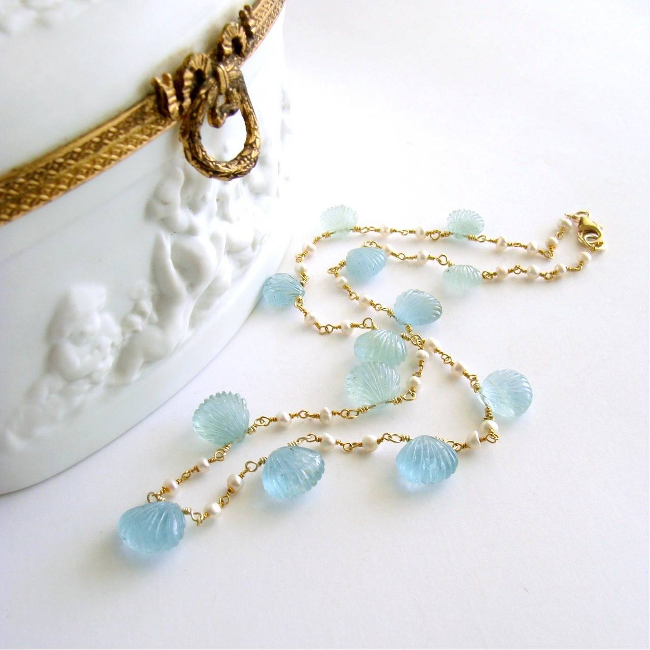 Artisan Carved Aquamarine Shell Freshwater Seed Pearl Choker Necklace