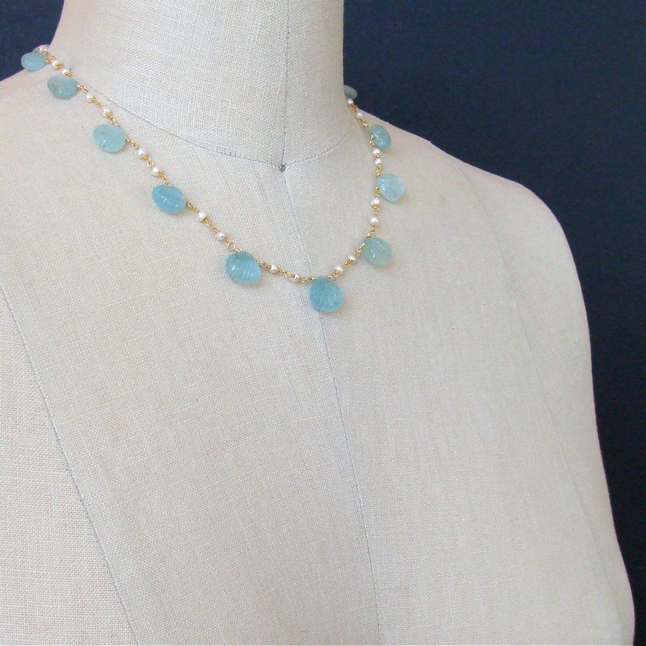 Women's Carved Aquamarine Shell Freshwater Seed Pearl Choker Necklace