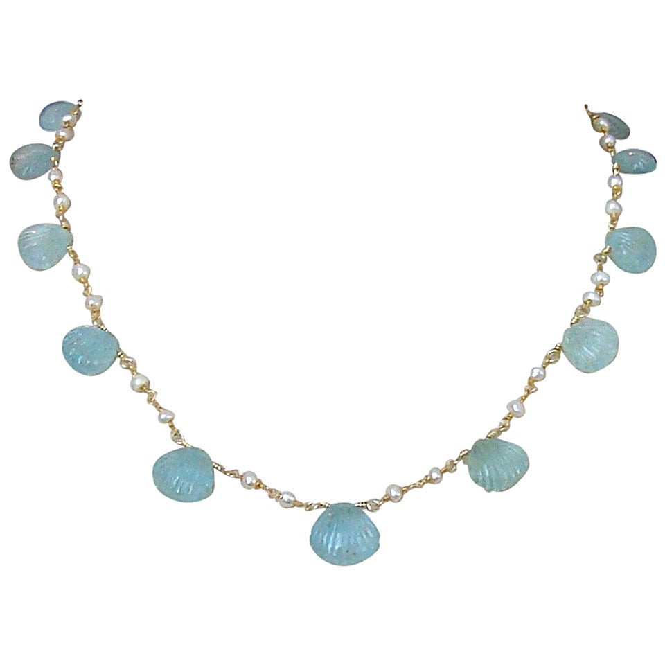 Carved Aquamarine Shell Freshwater Seed Pearl Choker Necklace