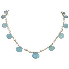 Carved Aquamarine Shell Freshwater Seed Pearl Choker Necklace
