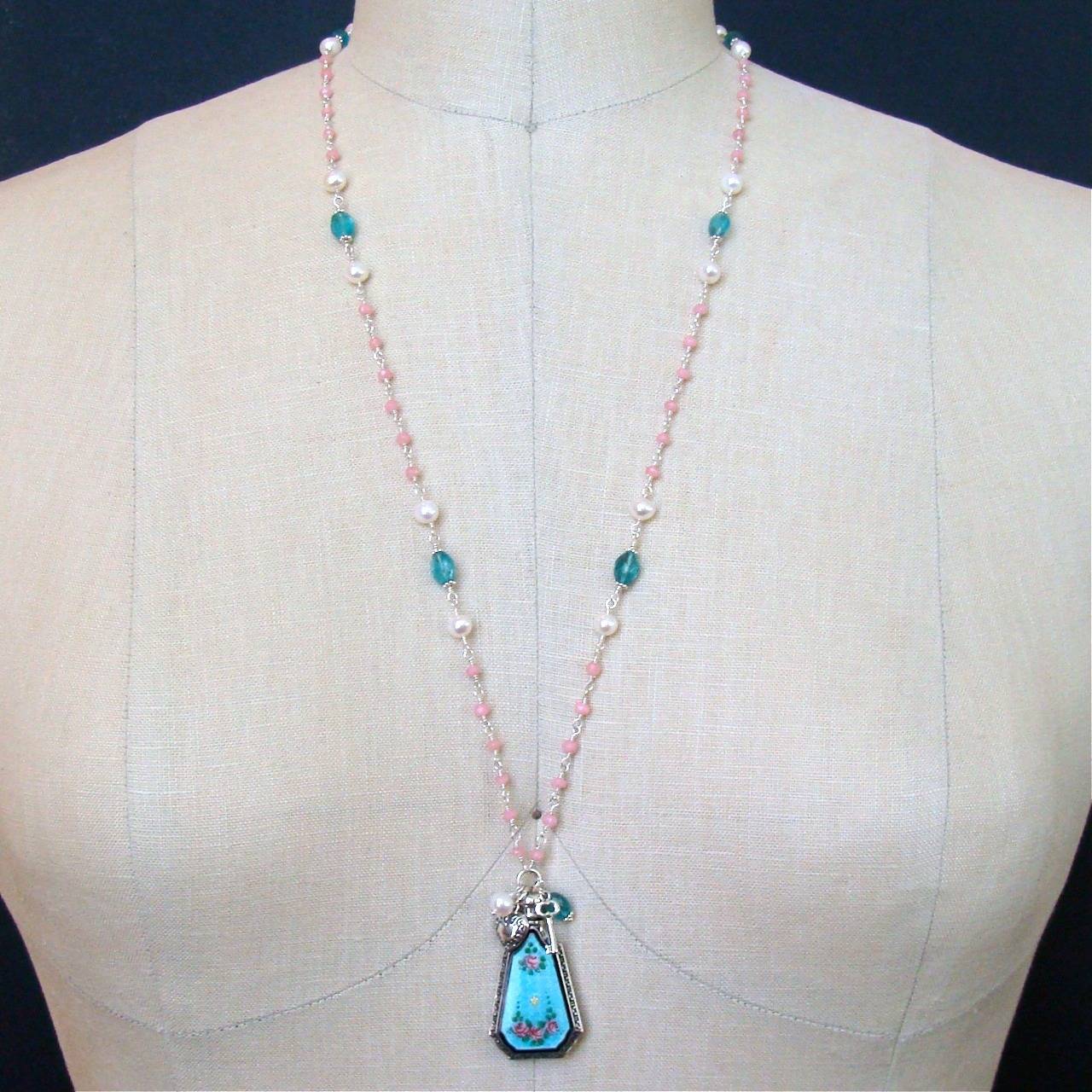 Art Deco Pink Agate Apatite Freshwater Pearl Guilloche Scent Bottle Necklace 1