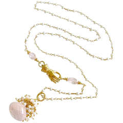 Button Pearl and Rose Quartz Hand Clasp Necklace