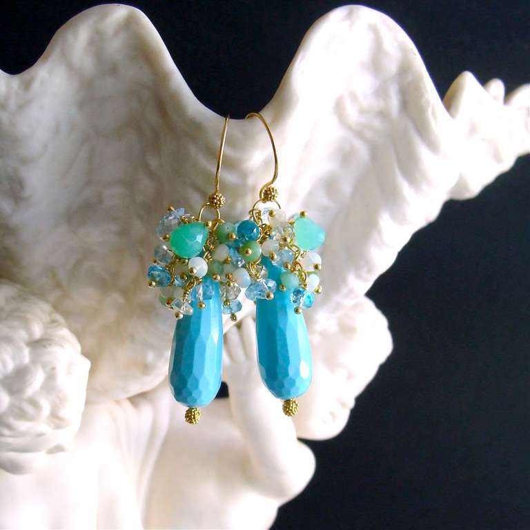 Turquoise Jade Opal Apatite Prasiolite Blue Topaz Chrysoprase Cluster Earrings In New Condition In Colleyville, TX