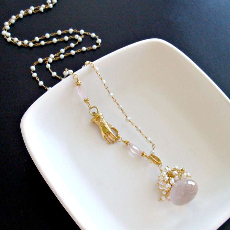 Button Pearl and Rose Quartz Hand Clasp Necklace In New Condition In Colleyville, TX