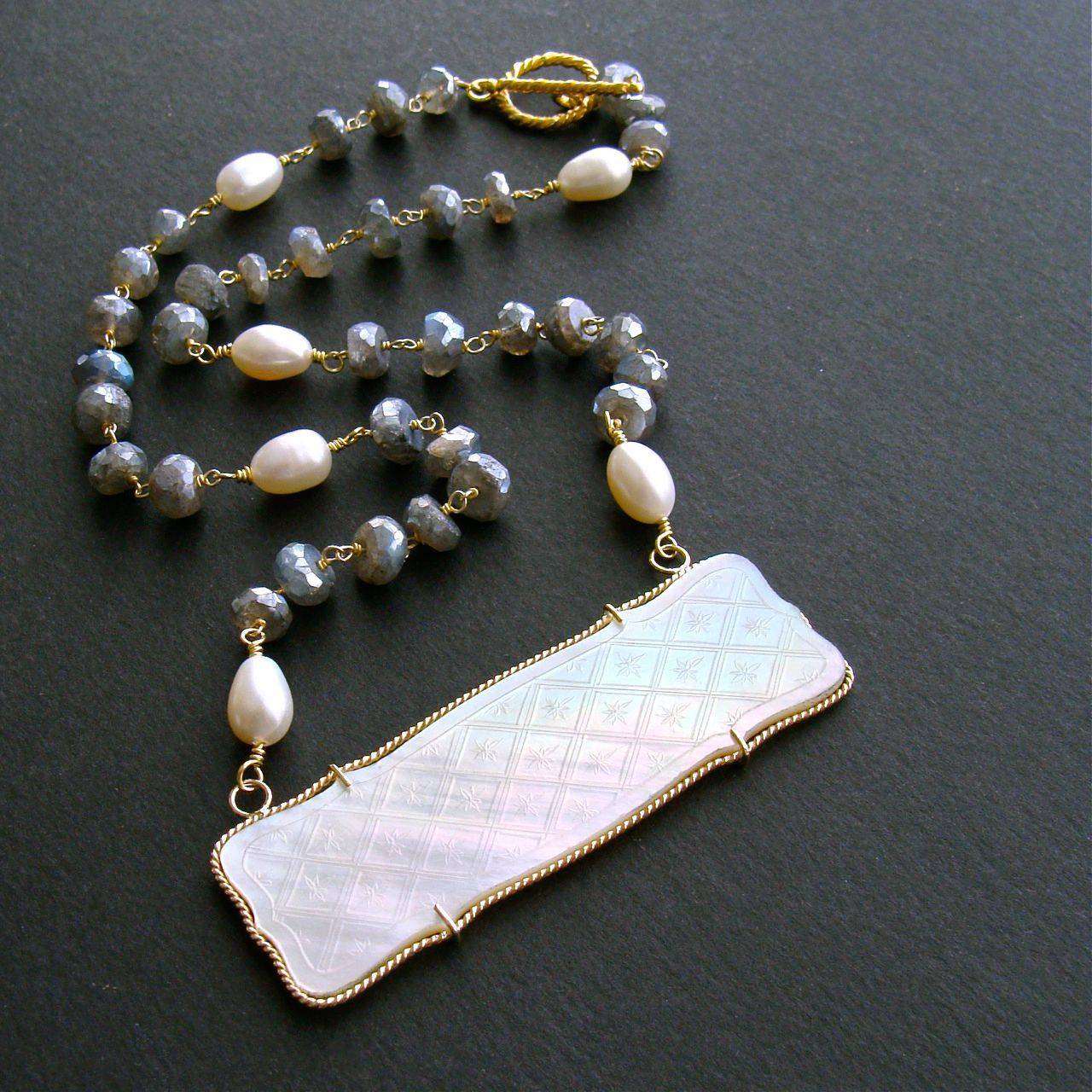 Georgian Mother-of-Pearl “M” Monogram Gaming Counter Mystic Labradorite Necklace