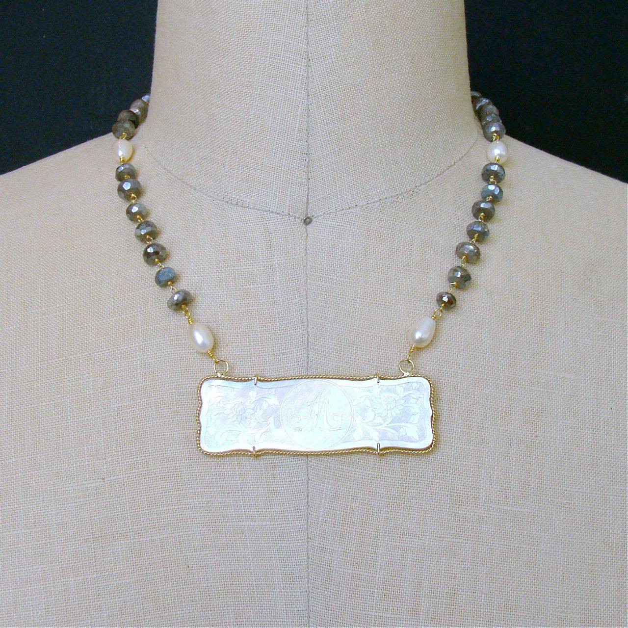 Mother-of-Pearl “M” Monogram Gaming Counter Mystic Labradorite Necklace In New Condition In Colleyville, TX