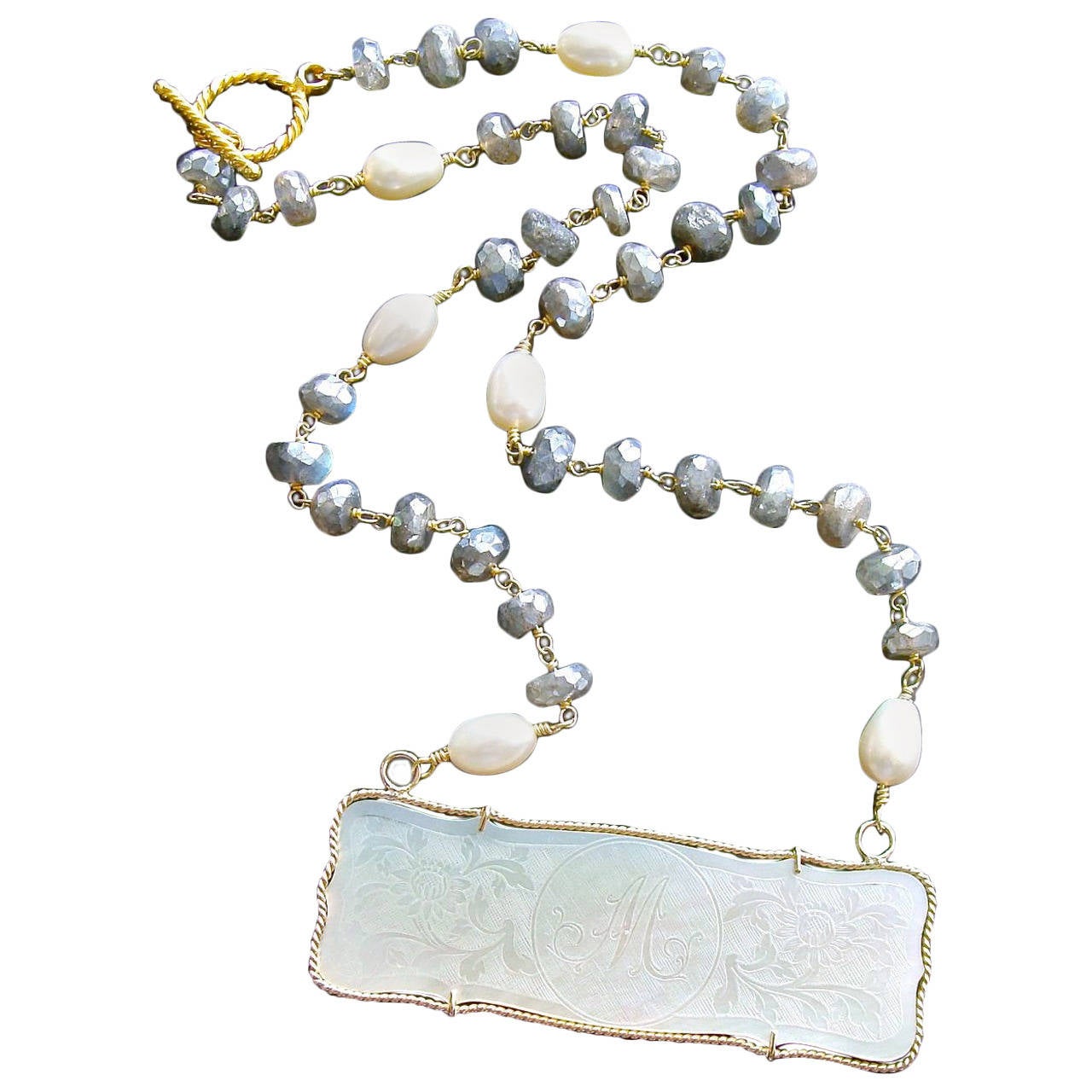 Mother-of-Pearl “M” Monogram Gaming Counter Mystic Labradorite Necklace