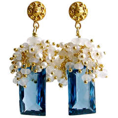 London Blue Topaz Baguettes Moonstone Pearls Cluster Earrings