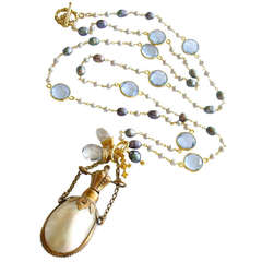 Blue Quartz Pearls Shell Perfume Chatelaine Necklace - Guinevere Necklace