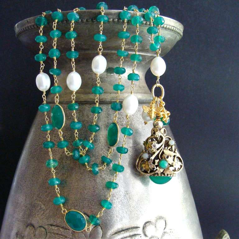 Women's Emerald Green Onyx Victorian Fob Double Strand Necklace - Eveleen Necklace