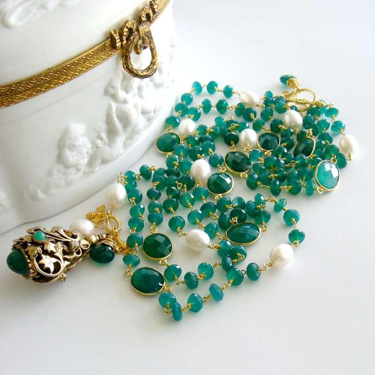 Emerald Green Onyx Victorian Fob Double Strand Necklace - Eveleen Necklace 1