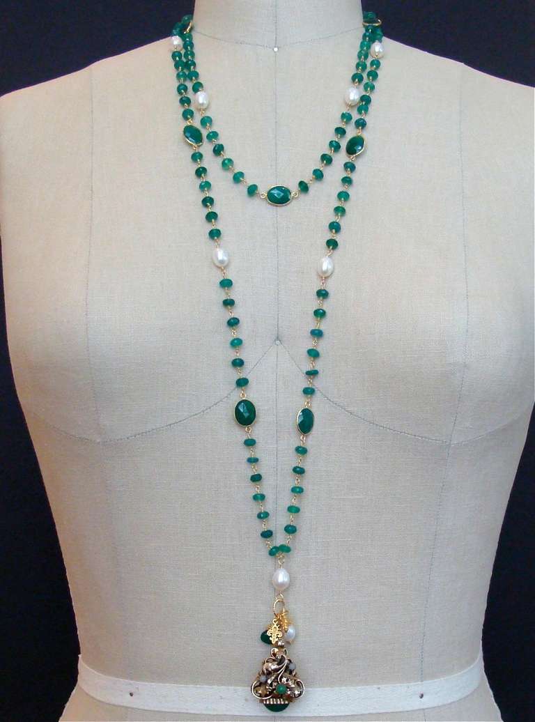 Emerald Green Onyx Victorian Fob Double Strand Necklace - Eveleen Necklace 2