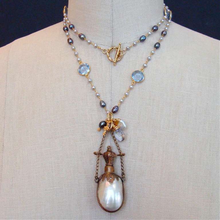 Cuarzo Azul Perlas Concha Perfume Chatelaine Collar - Collar Guinevere 1