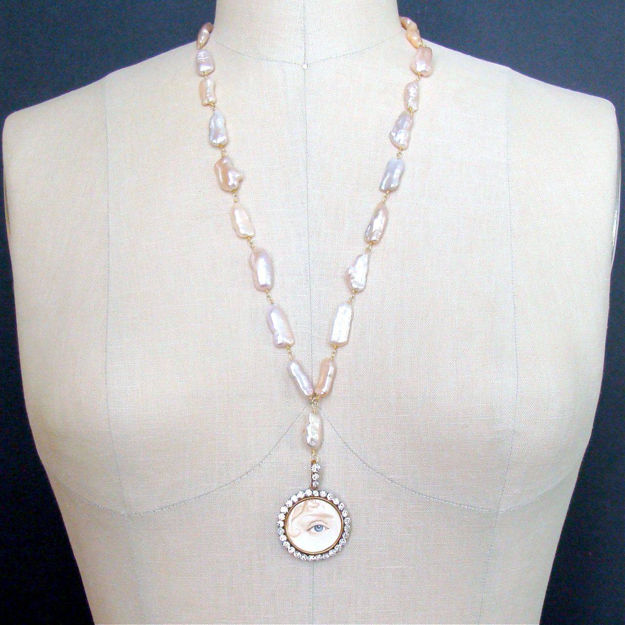 Lover’s Eye Locket Pink Blush Biwa Pearls Necklace at 1stDibs