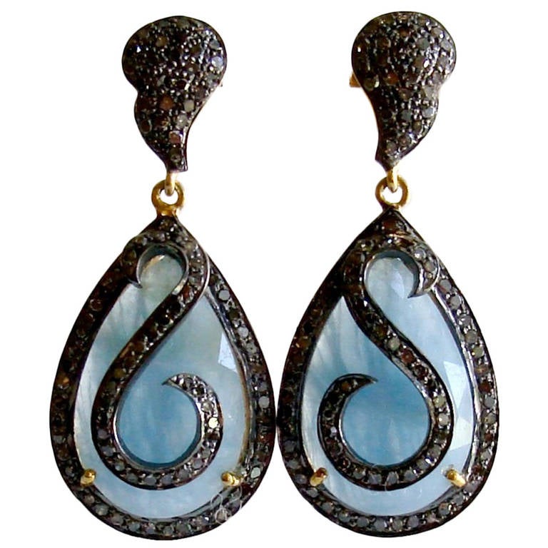 Aquamarine Pave Diamonds Mixed Metals Post Style Dangle Earrings