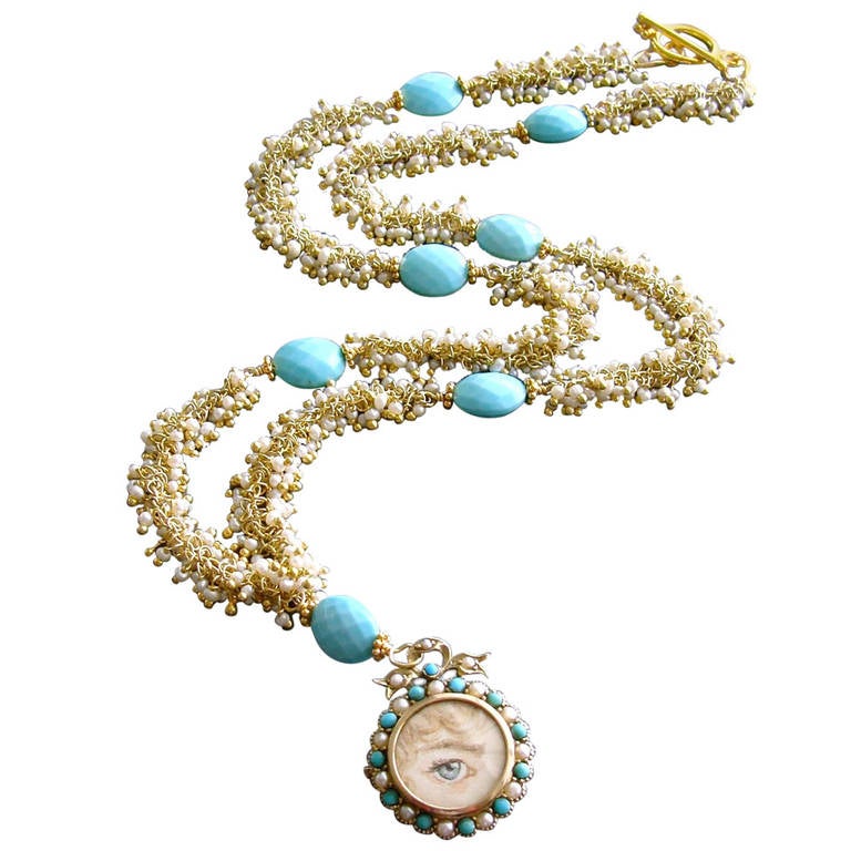 Murrie Bennett Turquoise Seed Pearls Lover’s Eye Bow Locket Necklace