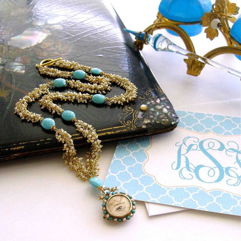 Murrie Bennett Turquoise Seed Pearls Lover’s Eye Bow Locket Necklace