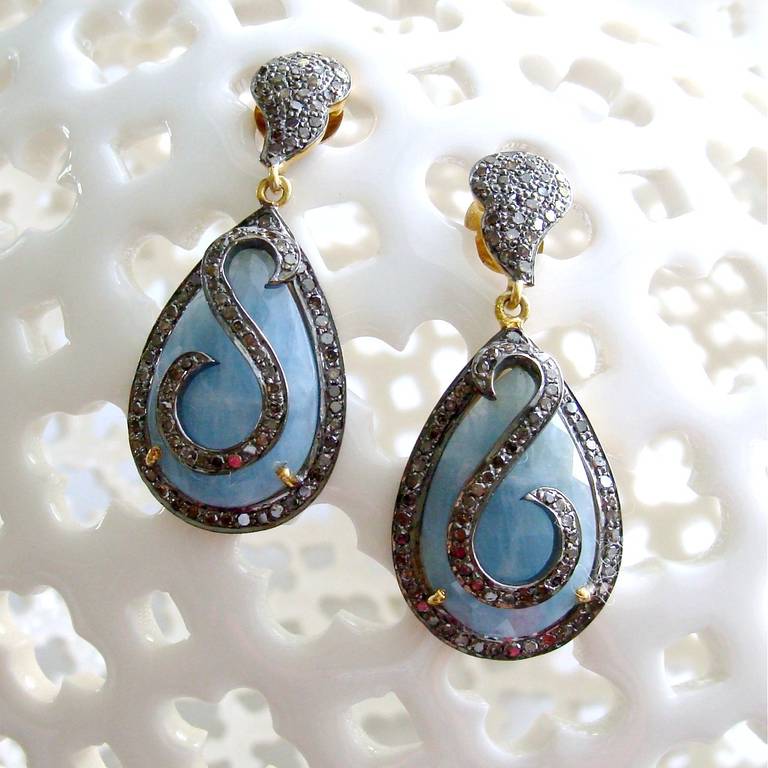 Victorian Aquamarine Pave Diamonds Mixed Metals Post Style Dangle Earrings