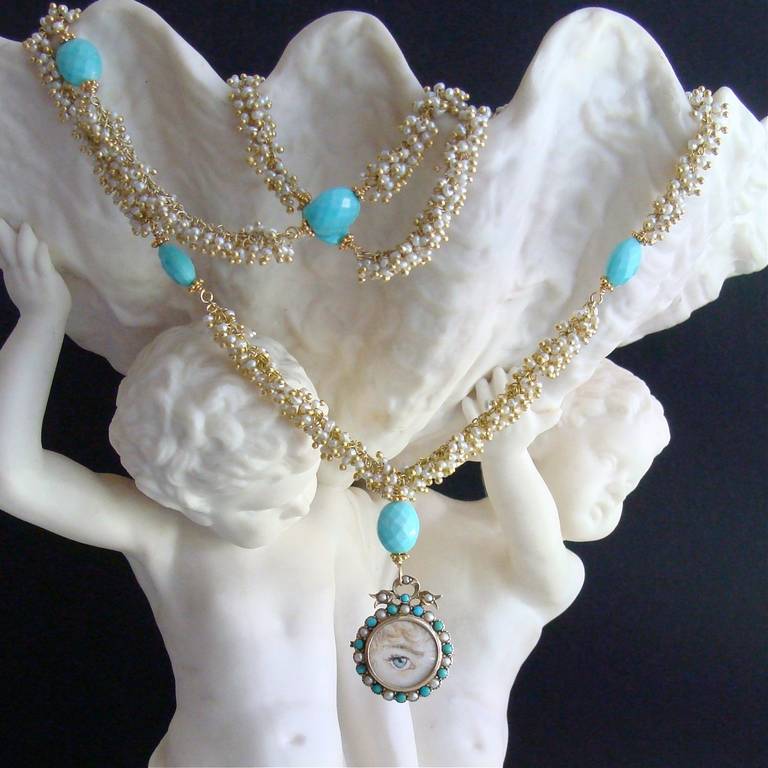 Women's Murrie Bennett Turquoise Seed Pearls Lover’s Eye Bow Locket Necklace