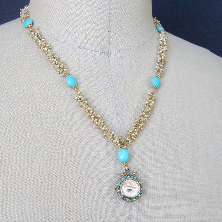 Murrie Bennett Turquoise Seed Pearls Lover’s Eye Bow Locket Necklace 1
