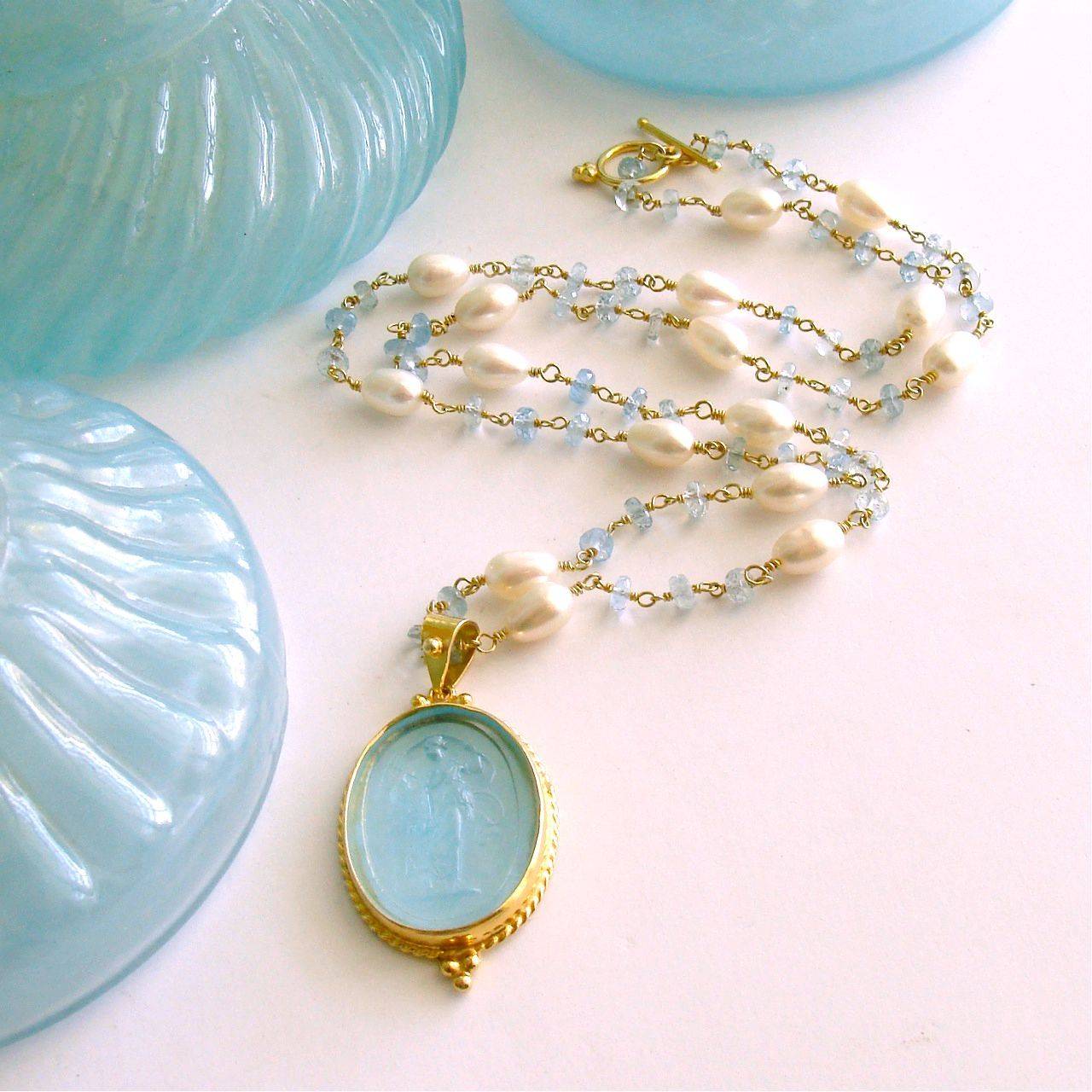 Artisan Venetian Intaglio Aquamarine Freshwater Pearl Necklace
