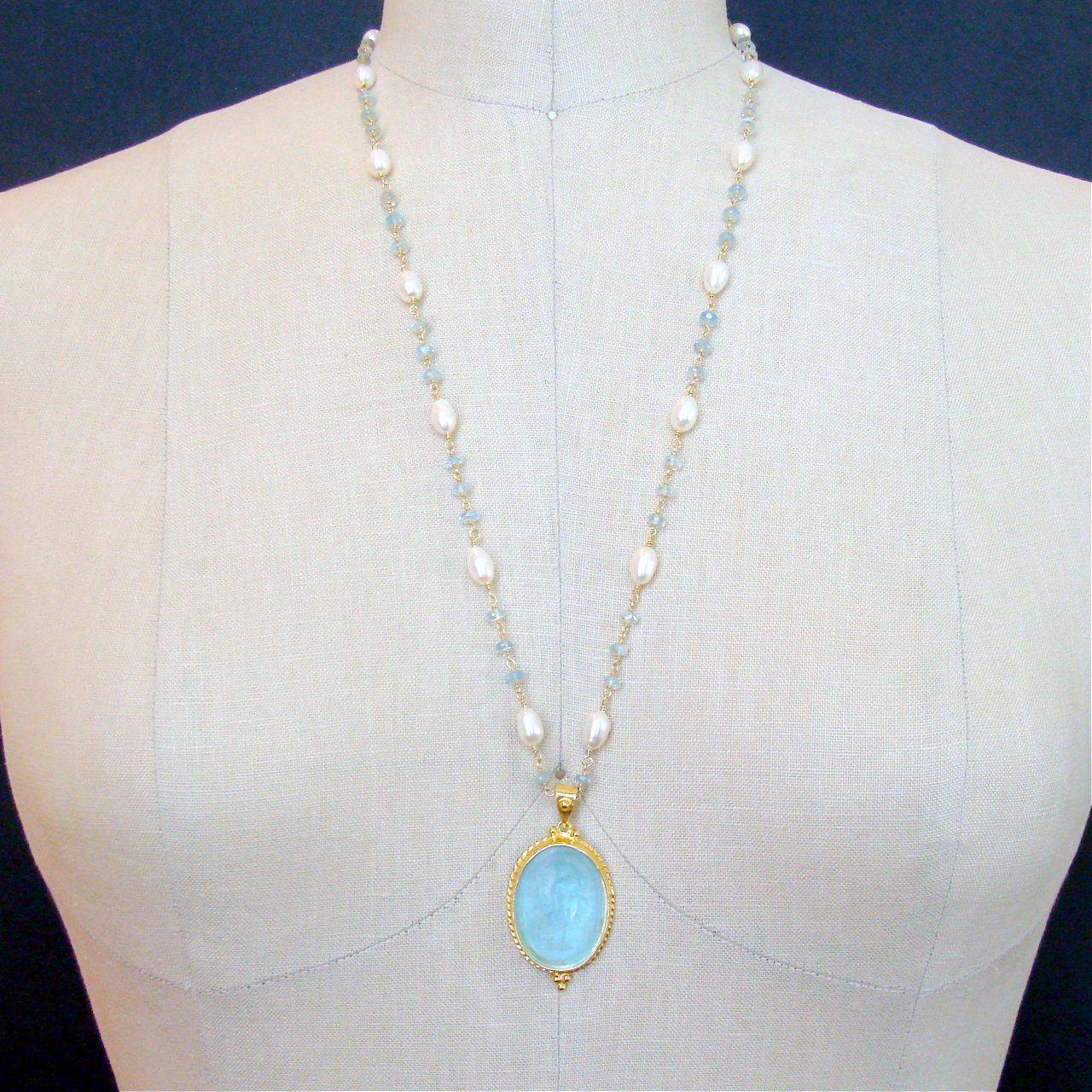 Women's Venetian Intaglio Aquamarine Freshwater Pearl Necklace