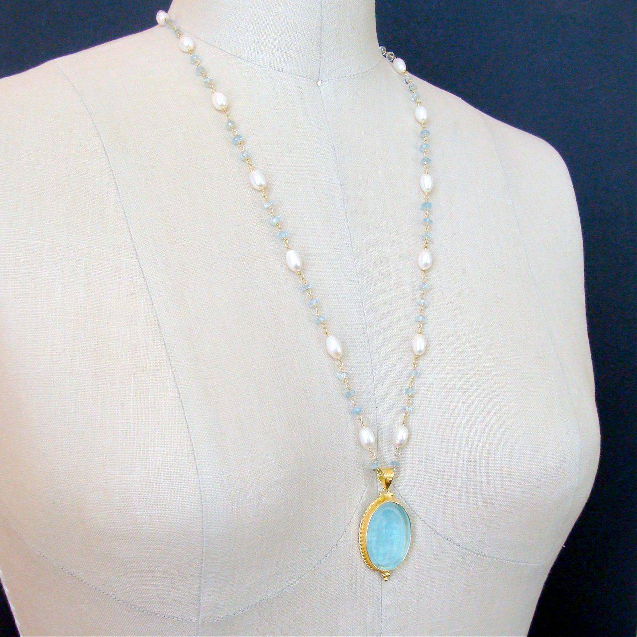 Venetian Intaglio Aquamarine Freshwater Pearl Necklace 1