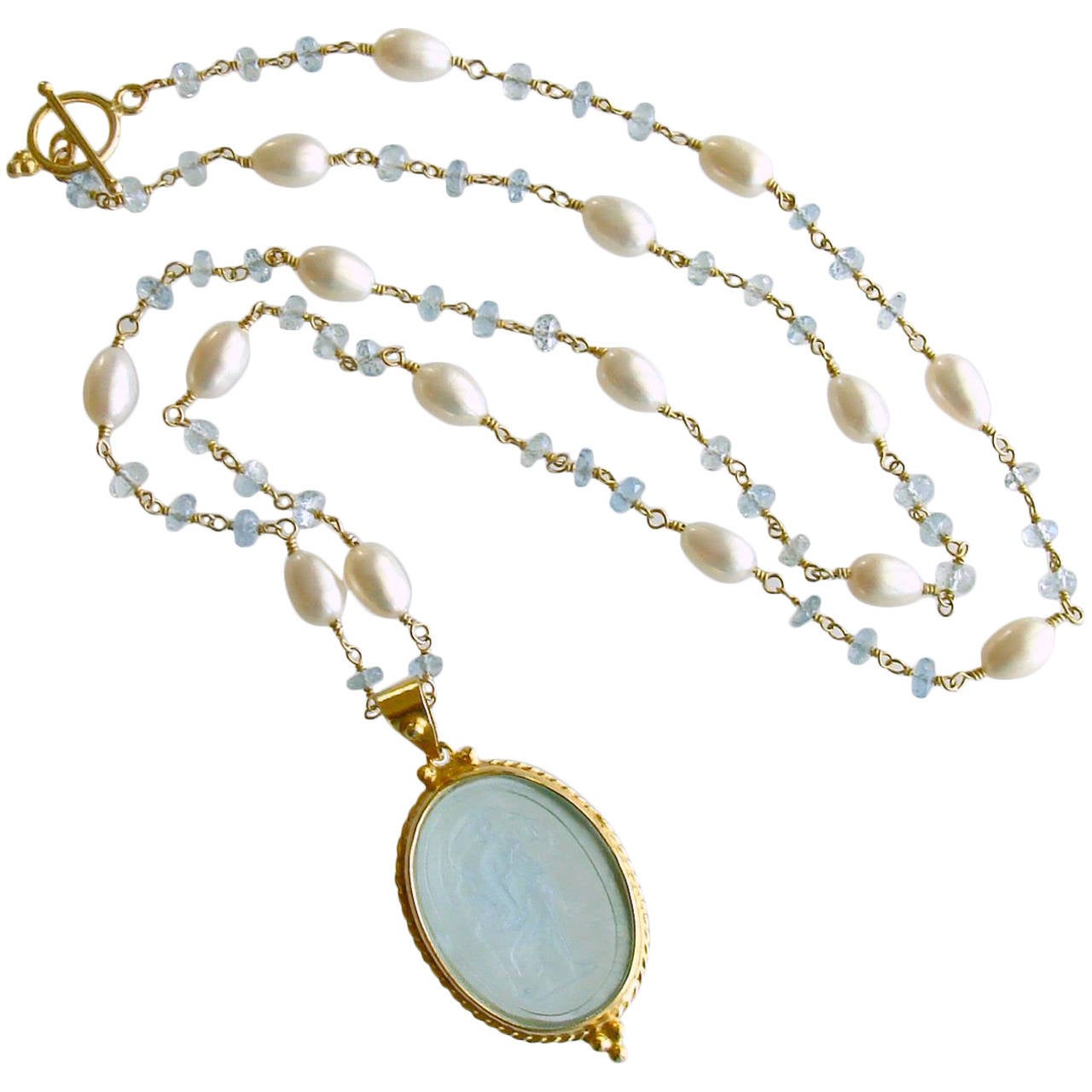 Venetian Intaglio Aquamarine Freshwater Pearl Necklace