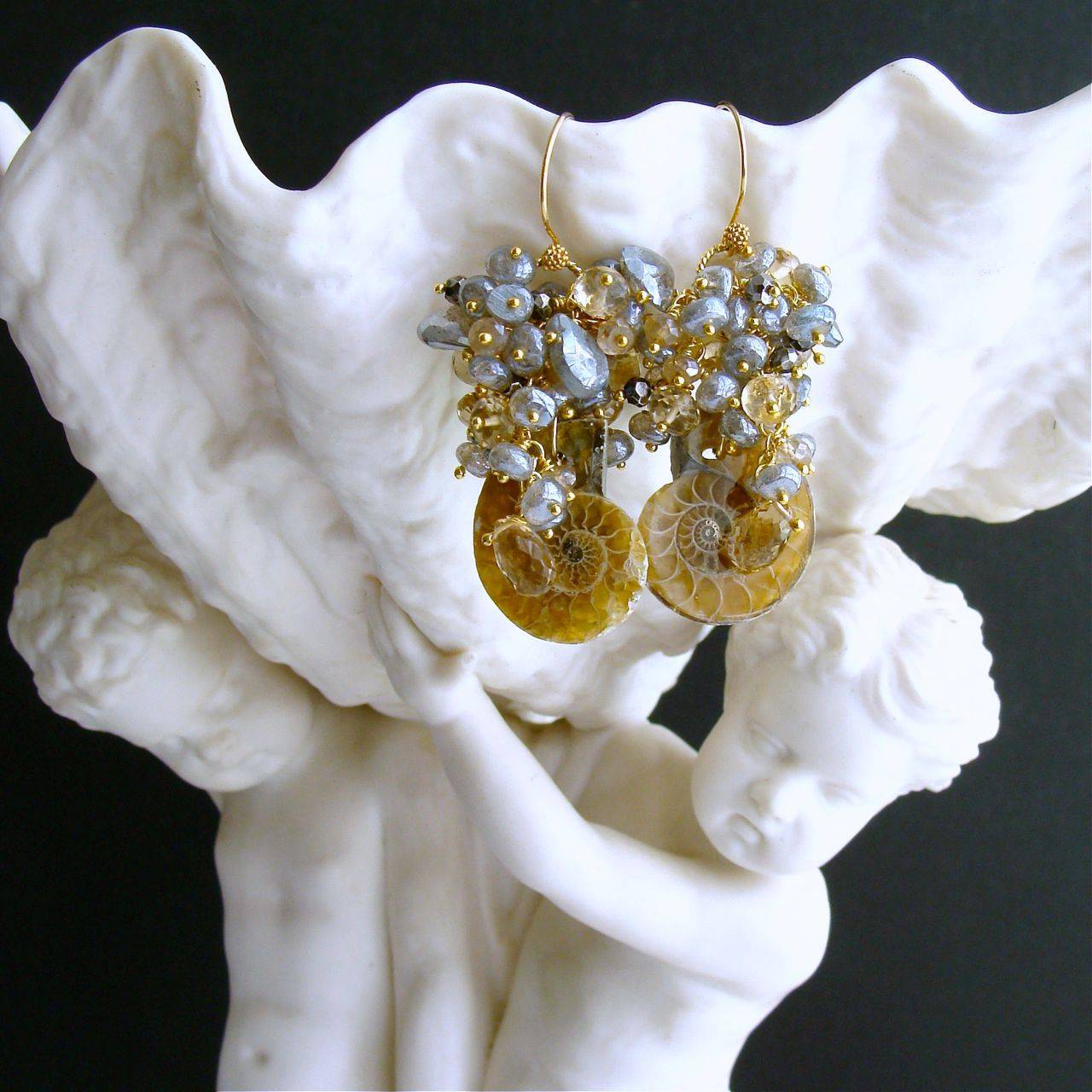 Ammonite Citrine Topaz Pyrite Labradorite Cluster Earrings In New Condition In Colleyville, TX