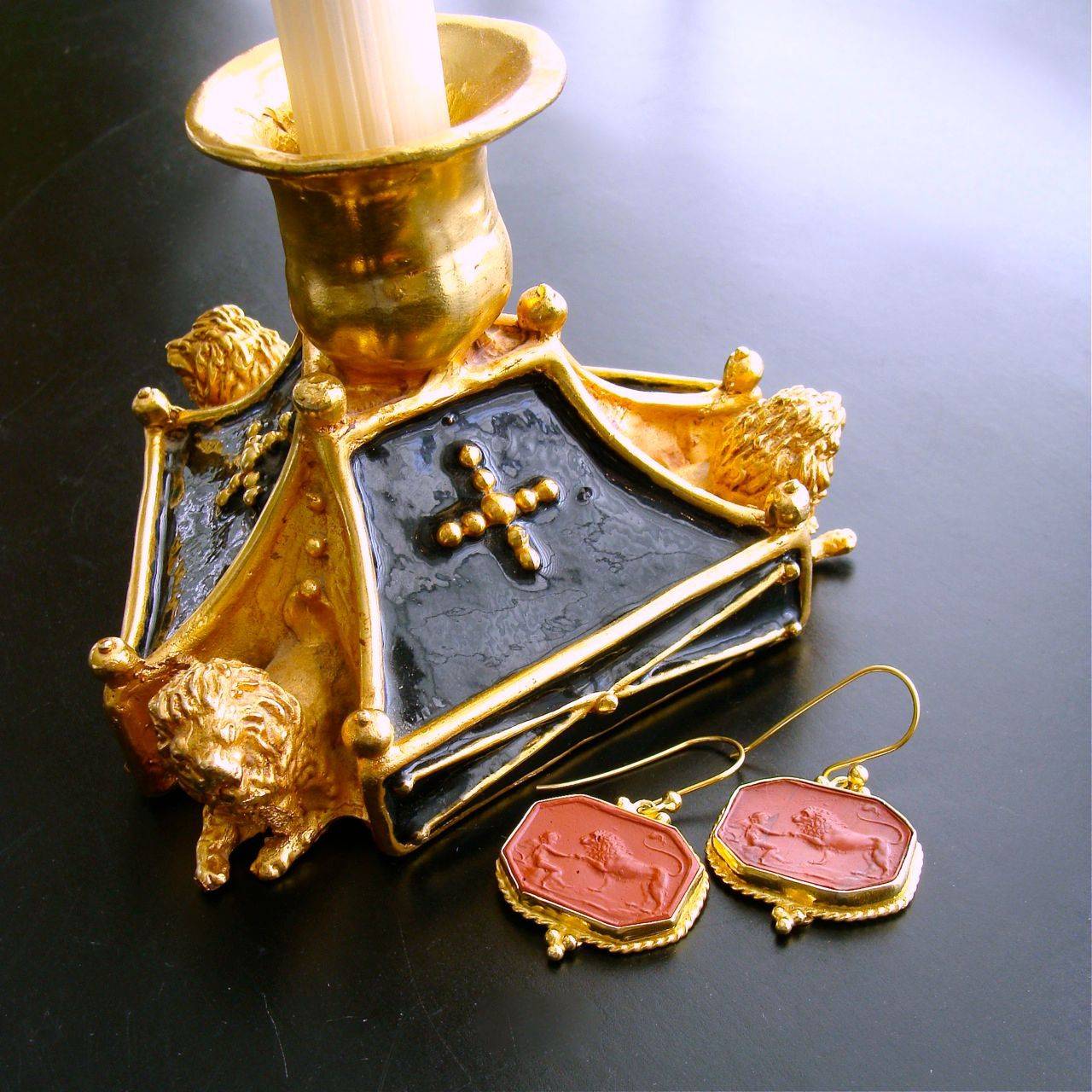 Venetian Glass Cherub Lion Intaglio Earrings