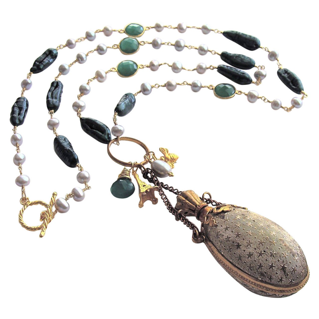 Victorian Green Onyx Freshwater Pearl Chatelaine Scent Bottle Necklace