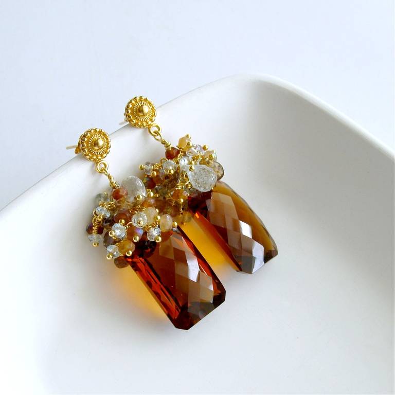 Madeira Citrine Baguette Hessonite Garnet Aquamarine Zircon Cluster Earrings