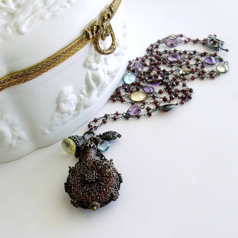 Triple Strand Garnet Necklace Cranberry Glass Chatelaine Scent Bottle