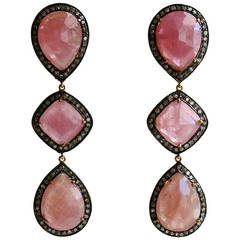 Pink Sapphire Diamond Triple Drop Post Style Earrings