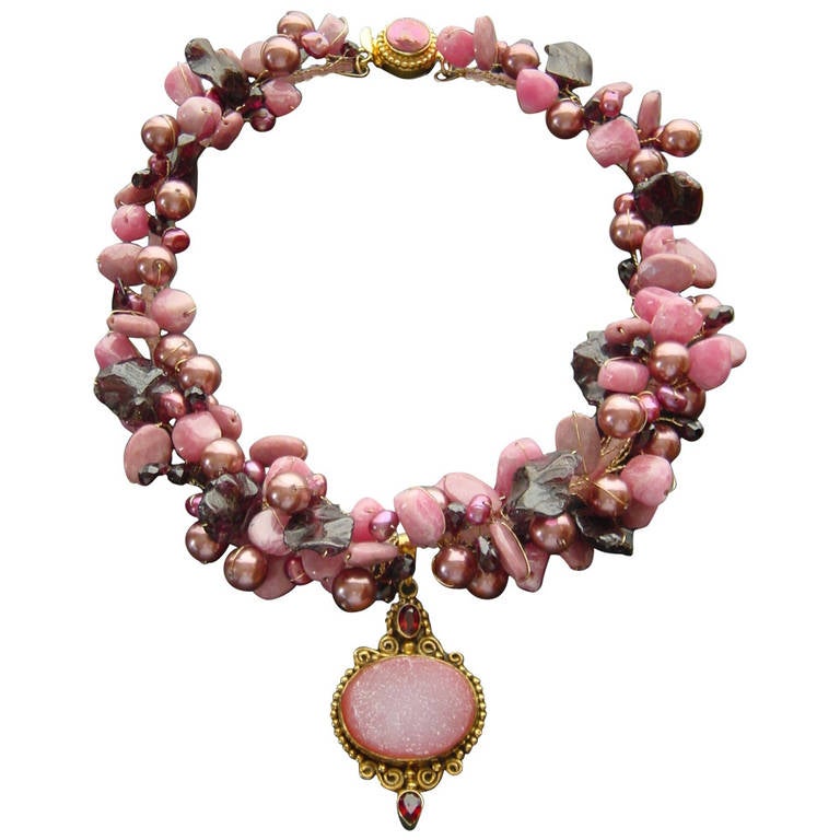 Rhodochrosite Garnet Pearls Choker Necklace Druzy Pendant