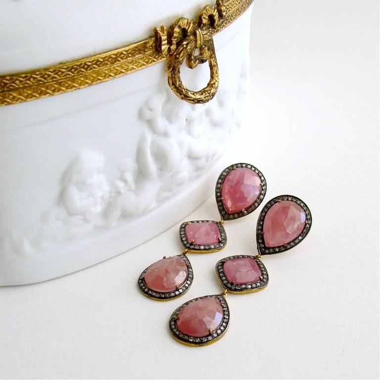 Artisan Pink Sapphire Diamond Triple Drop Post Style Earrings