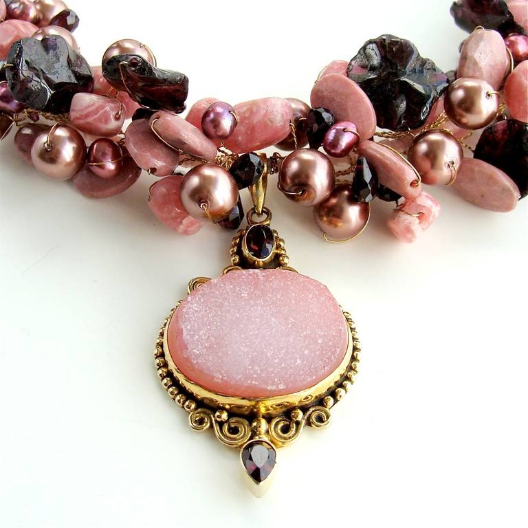 Rhodochrosite Garnet Pearls Choker Necklace Druzy Pendant In New Condition For Sale In Colleyville, TX