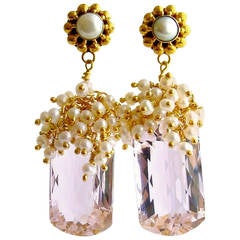 Pink Topaz Seed Pearl Cluster Earrings