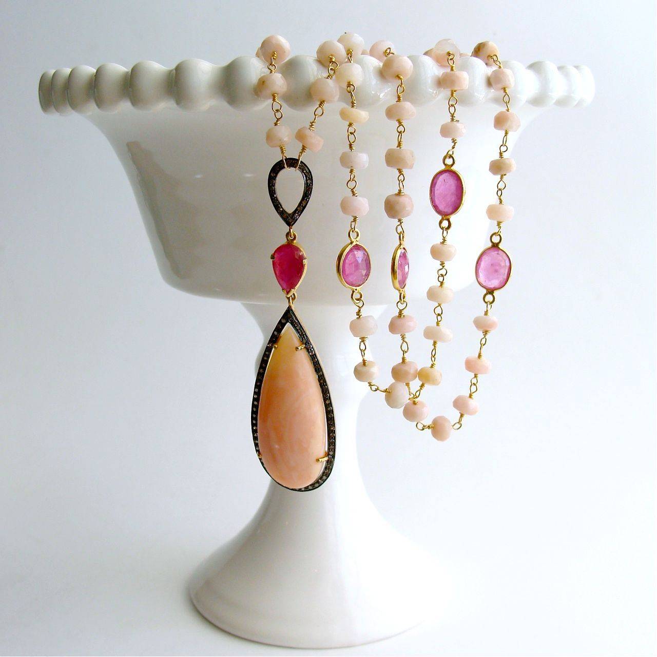 Artisan Peruvian Pink Opal Pink Sapphire Diamond Necklace