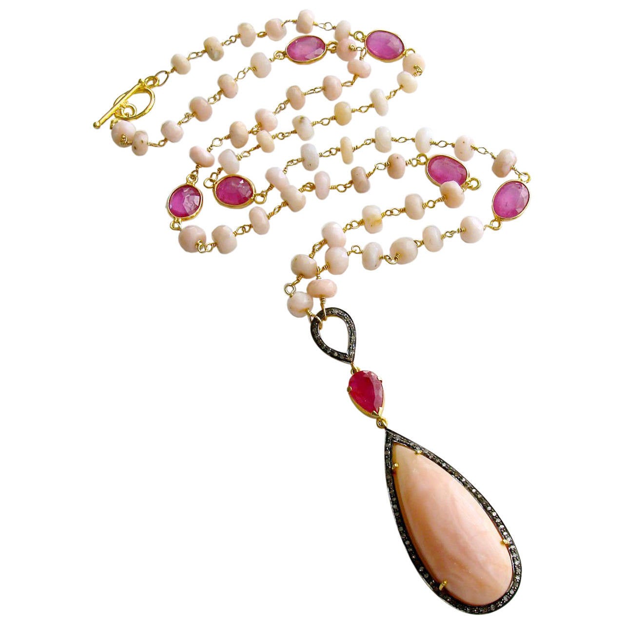 Peruvian Pink Opal Pink Sapphire Diamond Necklace