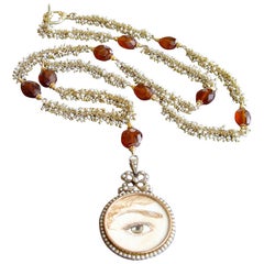 Victorian Pearl Mourning Locket Seed Pearl Hessonite Garnet Lover’s Eye Necklace