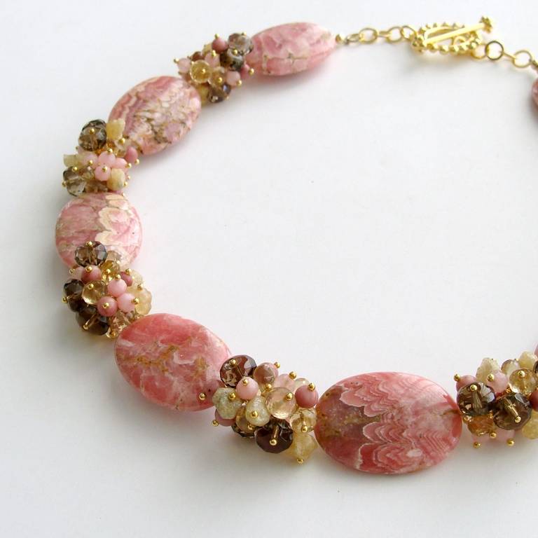 Rhodochrosite Slices Necklace - Champagne Citrine, Rhodonite, Smokey Quartz