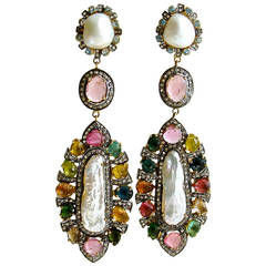 Tourmaline Diamond Biwa Baroque Pearl Jolene Earrings